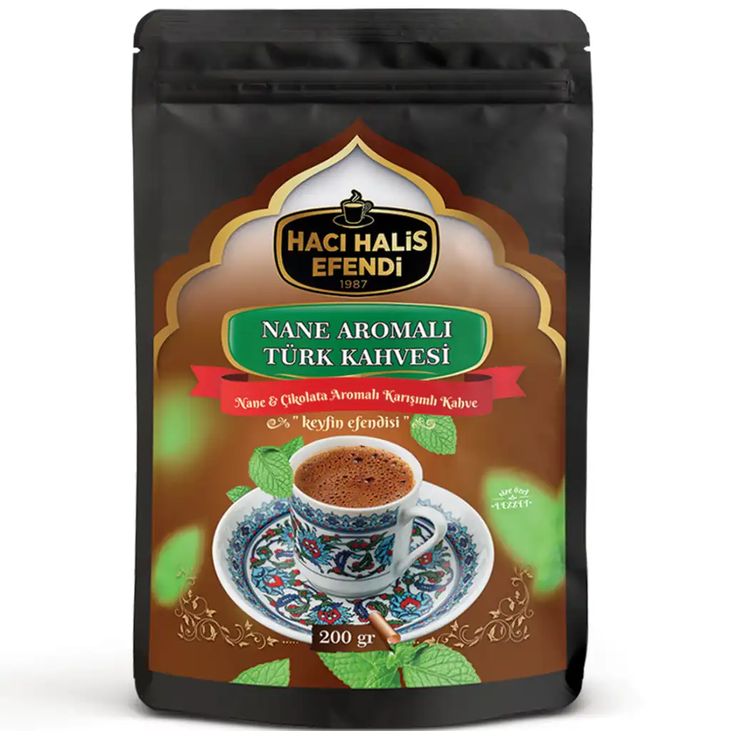 Ürün görseli: Hacı Halis Efendi Nane ve Çikolata Aromalı Türk Kahvesi 200 gr Yumuşak İçimli Doypack