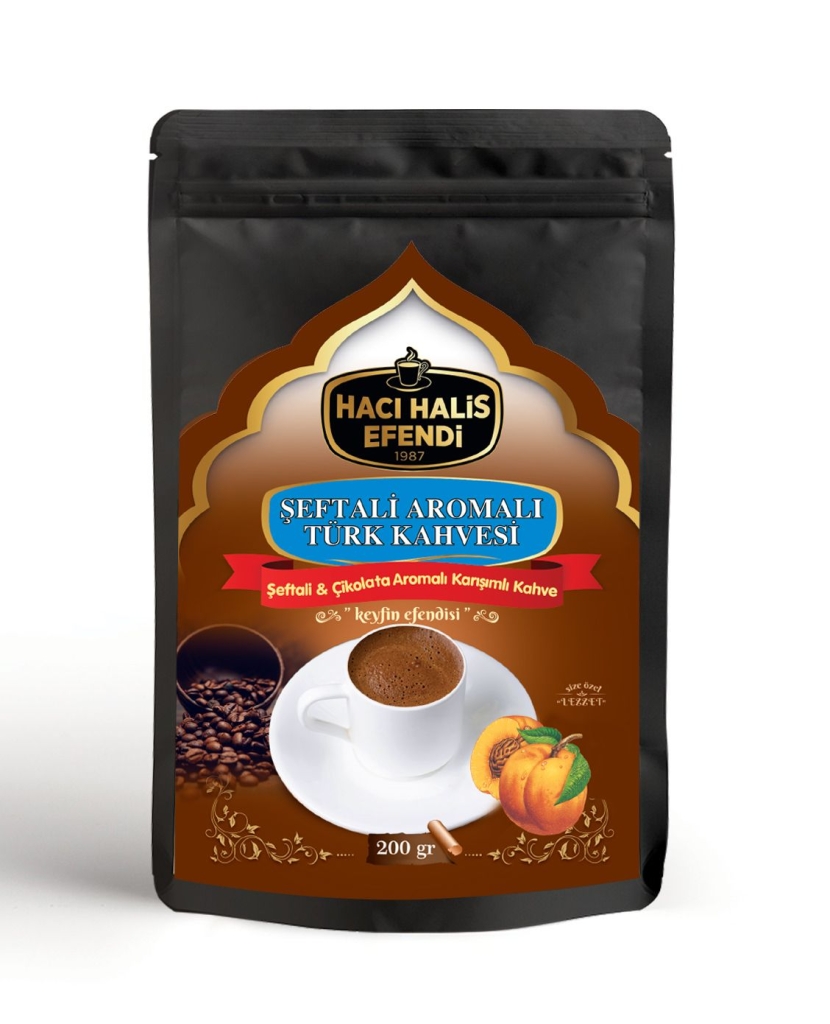 Hacı Halis Efendi Şeftali ve Çikolata Aromalı Türk Kahvesi 200 gr Yumuşak İçimli Doypack